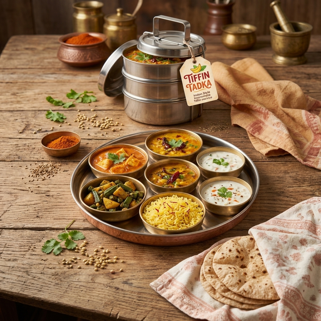 Tiffin Tadka thali with dal, paneer, rice, roti and raita